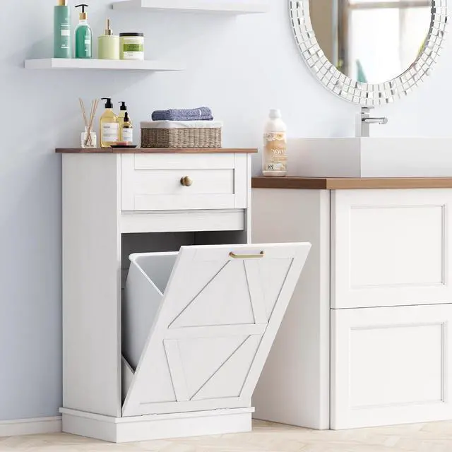 Alt view image 6 of 7 - Tilt Out Trash Cabinet 10 Gallon, Woodern Hidden Trash Can Holder, for Kitchen, Laundry Sorter (White)