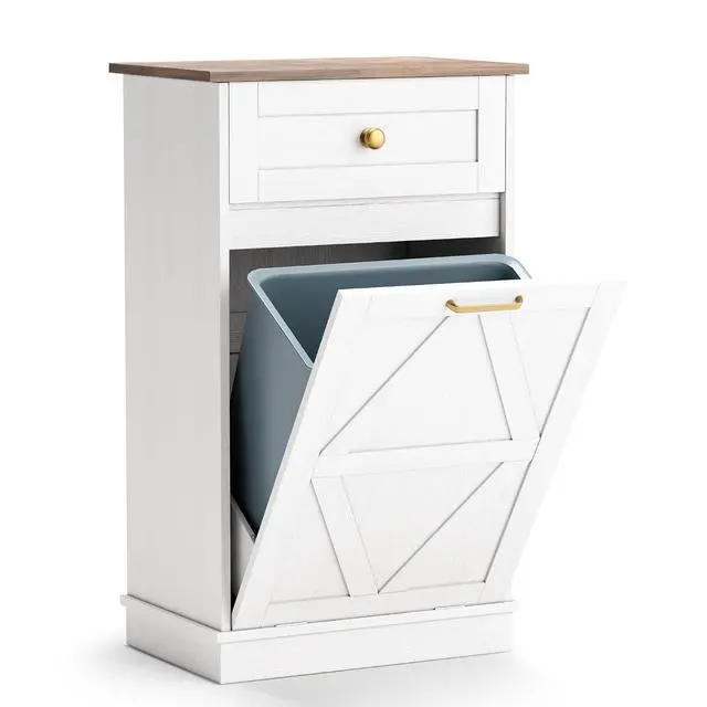 Alt view image 7 of 7 - Tilt Out Trash Cabinet 10 Gallon, Woodern Hidden Trash Can Holder, for Kitchen, Laundry Sorter (White)
