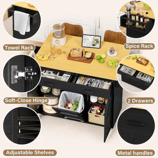 Alt view image 2 of 7 - Rolling Kitchen Island with Drop Leaf, Mobile Cart on Wheels with Hidden Trash Can Cabinet and 2 Drawers, 56 Kitchen Storage Island with Spice Rack & Towel Rack for Dining Room, Black