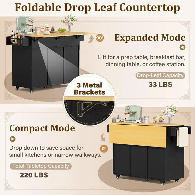 Alt view image 4 of 7 - Rolling Kitchen Island with Drop Leaf, Mobile Cart on Wheels with Hidden Trash Can Cabinet and 2 Drawers, 56 Kitchen Storage Island with Spice Rack & Towel Rack for Dining Room, Black