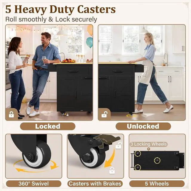 Alt view image 6 of 7 - Rolling Kitchen Island with Drop Leaf, Mobile Cart on Wheels with Hidden Trash Can Cabinet and 2 Drawers, 56 Kitchen Storage Island with Spice Rack & Towel Rack for Dining Room, Black