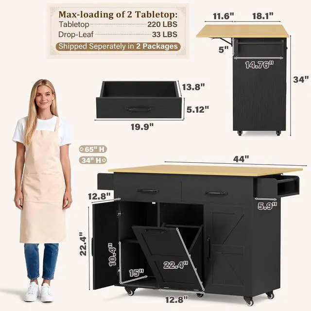 Alt view image 5 of 7 - Rolling Kitchen Island with Drop Leaf, Mobile Cart on Wheels with Hidden Trash Can Cabinet and 2 Drawers, 56 Kitchen Storage Island with Spice Rack & Towel Rack for Dining Room, Black