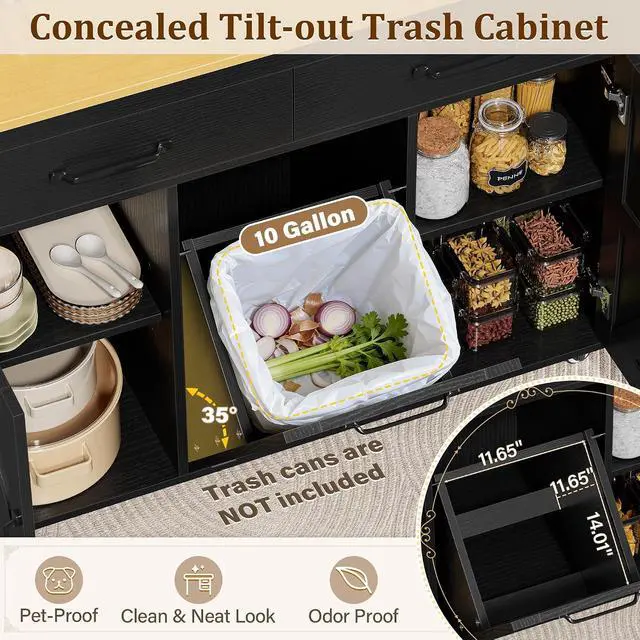 Alt view image 3 of 7 - Rolling Kitchen Island with Drop Leaf, Mobile Cart on Wheels with Hidden Trash Can Cabinet and 2 Drawers, 56 Kitchen Storage Island with Spice Rack & Towel Rack for Dining Room, Black