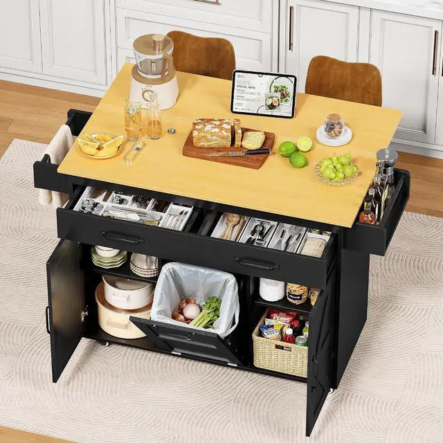 Main image of Rolling Kitchen Island with Drop Leaf, Mobile Cart on Wheels with Hidden Trash Can Cabinet and 2 Drawers, 56 Kitchen Storage Island with Spice Rack & Towel Rack for Dining Room, Black