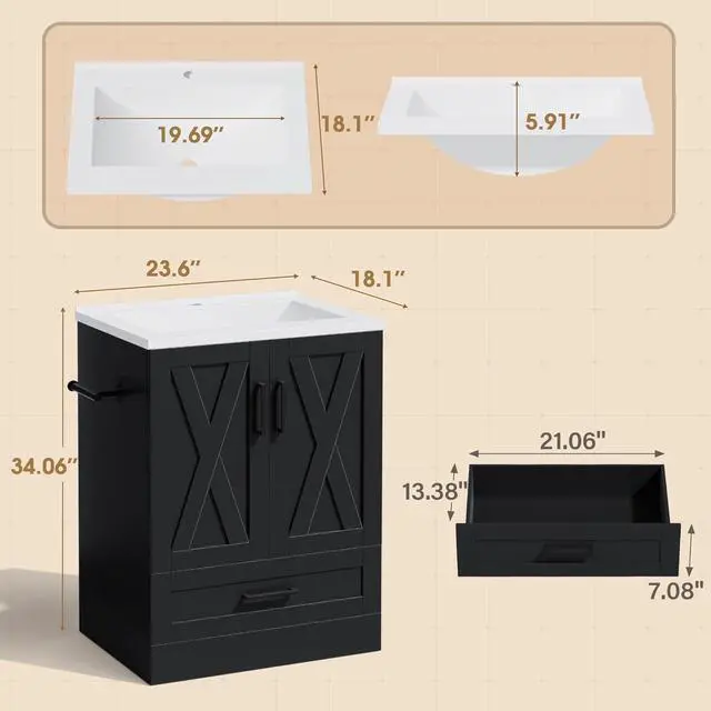 Alt view image 2 of 7 - 24" Bathroom Vanity with Sink, Bathroom Storage Vanity Sink Cabinet with 2 Doors 1 Drawer Space, Farmhouse Wooden Free Standing Bathroom Cabinet with Sink Combo, Easy Assembly (Black)