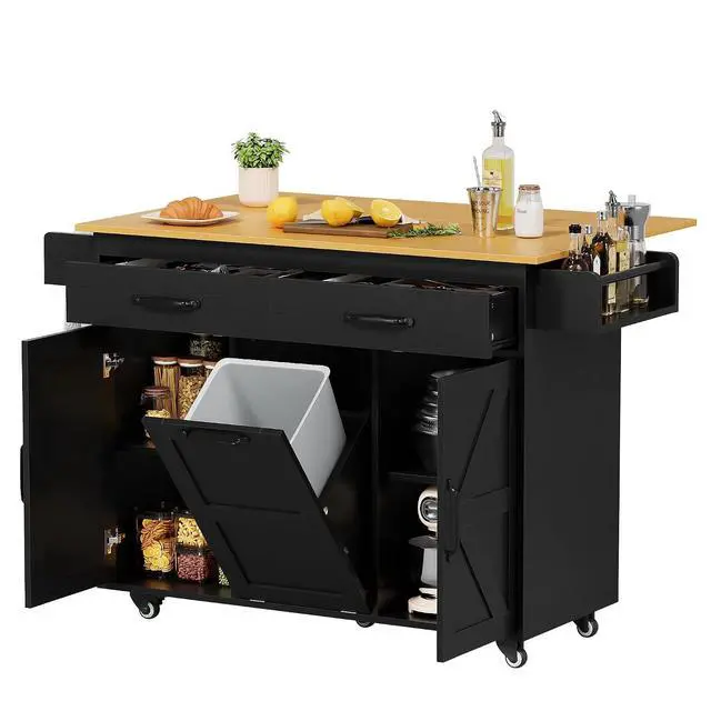 Alt view image 7 of 7 - Rolling Kitchen Island with Drop Leaf, Mobile Cart on Wheels with Hidden Trash Can Cabinet and 2 Drawers, 56 Kitchen Storage Island with Spice Rack & Towel Rack for Dining Room, Black