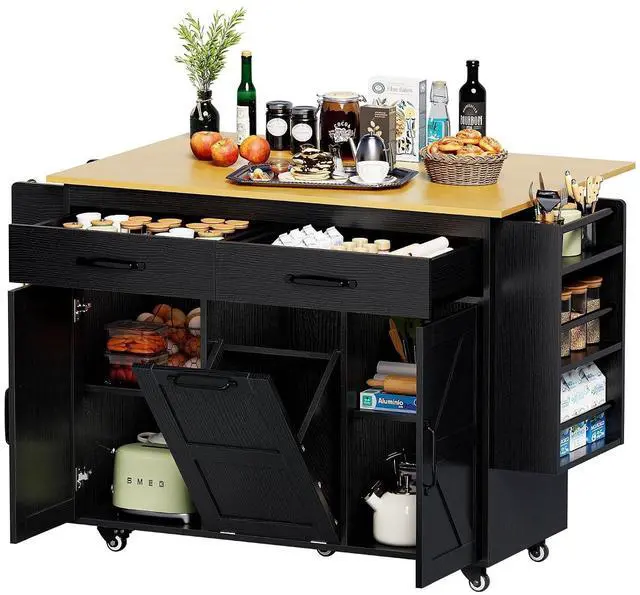 Main image of Kitchen Island with Trash Can Storage, Mobile Kitchen Cart on Wheels with Drop Leaf and 2 Drawers, 56 Rolling Storage Cart with Spice Rack & Towel Rack for Dining Room, Black