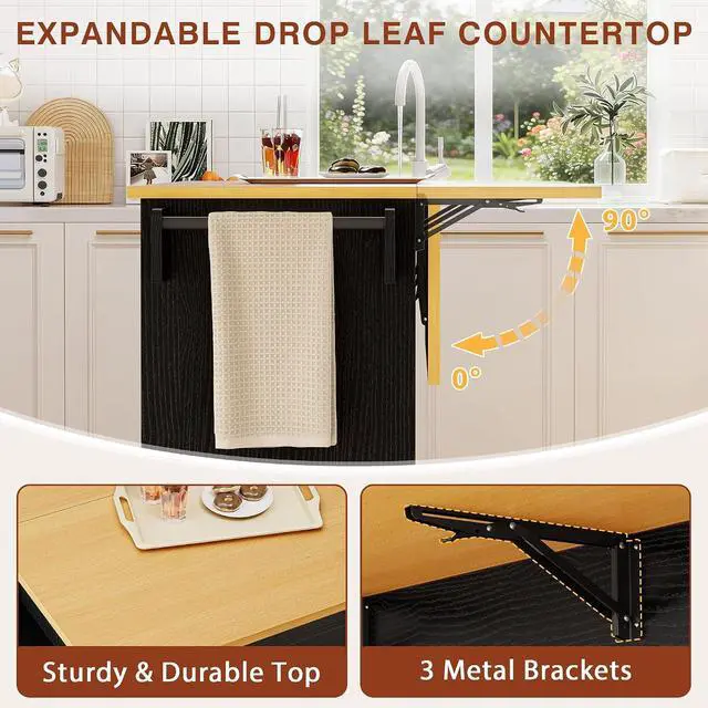 Alt view image 2 of 7 - Kitchen Island with Trash Can Storage, Mobile Kitchen Cart on Wheels with Drop Leaf and 2 Drawers, 56 Rolling Storage Cart with Spice Rack & Towel Rack for Dining Room, Black
