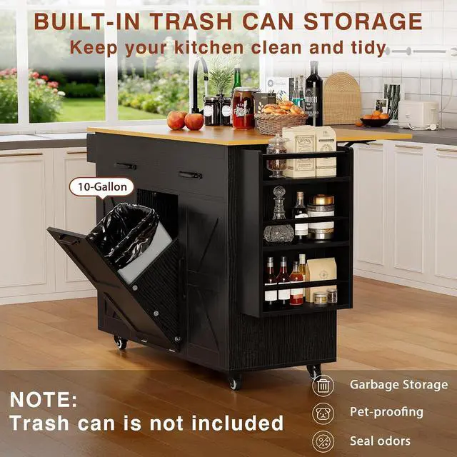 Alt view image 3 of 7 - Kitchen Island with Trash Can Storage, Mobile Kitchen Cart on Wheels with Drop Leaf and 2 Drawers, 56 Rolling Storage Cart with Spice Rack & Towel Rack for Dining Room, Black