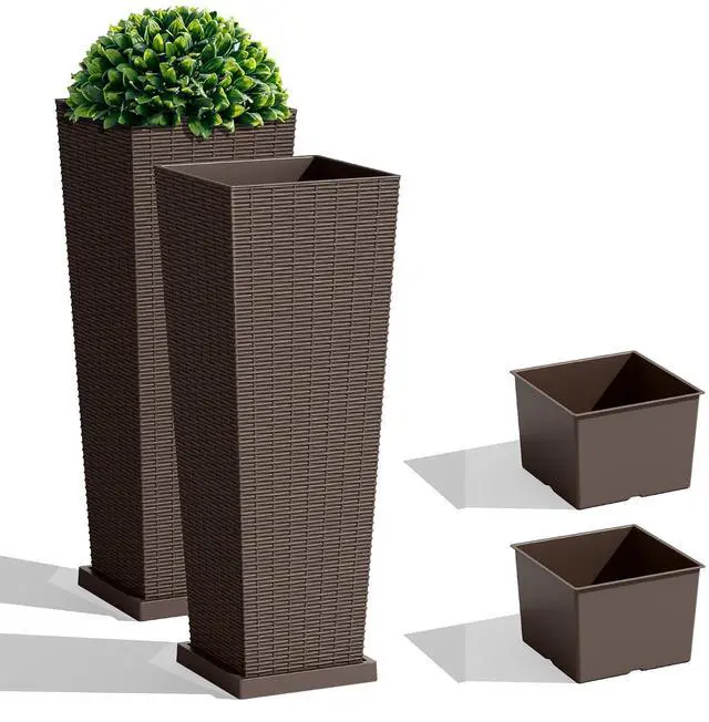 Main image of Set of 2 Resin Rattan Tall Planters for Outdoor Plants, Large Tapered Planters with Drainage Holes,Flower Pots for Garden, Patio, Porch, Backyard (Brown, 32",Inner & Outer Trays)