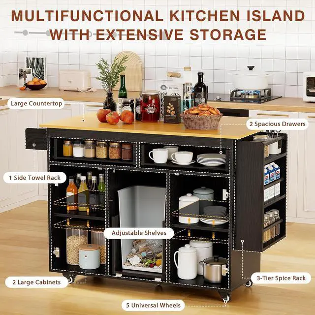 Alt view image 5 of 7 - Kitchen Island with Trash Can Storage, Mobile Kitchen Cart on Wheels with Drop Leaf and 2 Drawers, 56 Rolling Storage Cart with Spice Rack & Towel Rack for Dining Room, Black