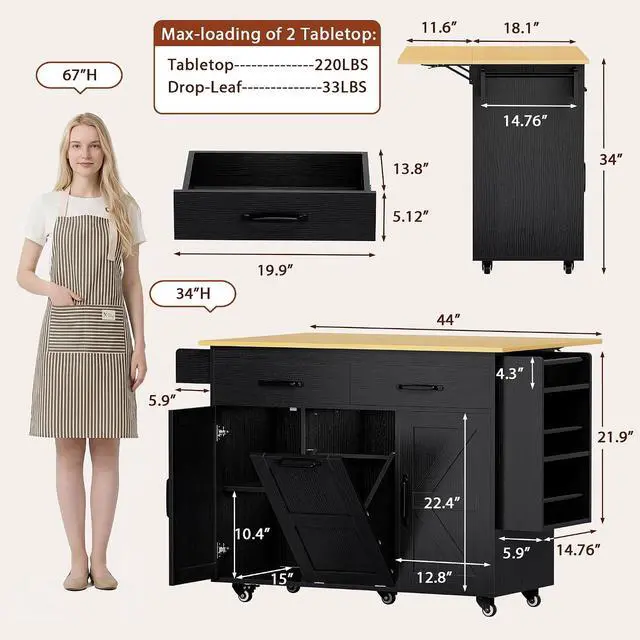 Alt view image 7 of 7 - Kitchen Island with Trash Can Storage, Mobile Kitchen Cart on Wheels with Drop Leaf and 2 Drawers, 56 Rolling Storage Cart with Spice Rack & Towel Rack for Dining Room, Black