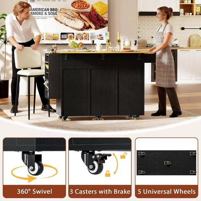 Alt view image 6 of 7 - Kitchen Island with Trash Can Storage, Mobile Kitchen Cart on Wheels with Drop Leaf and 2 Drawers, 56 Rolling Storage Cart with Spice Rack & Towel Rack for Dining Room, Black