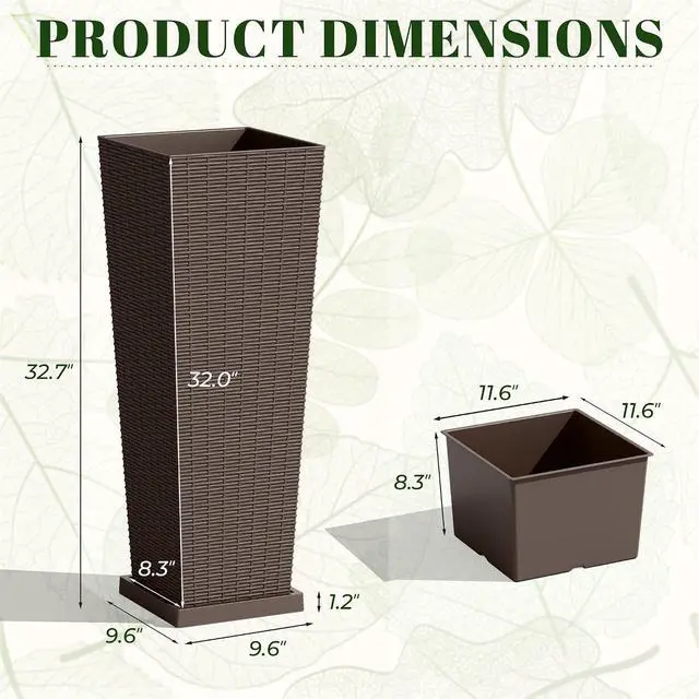 Alt view image 2 of 7 - Set of 2 Resin Rattan Tall Planters for Outdoor Plants, Large Tapered Planters with Drainage Holes,Flower Pots for Garden, Patio, Porch, Backyard (Brown, 32",Inner & Outer Trays)