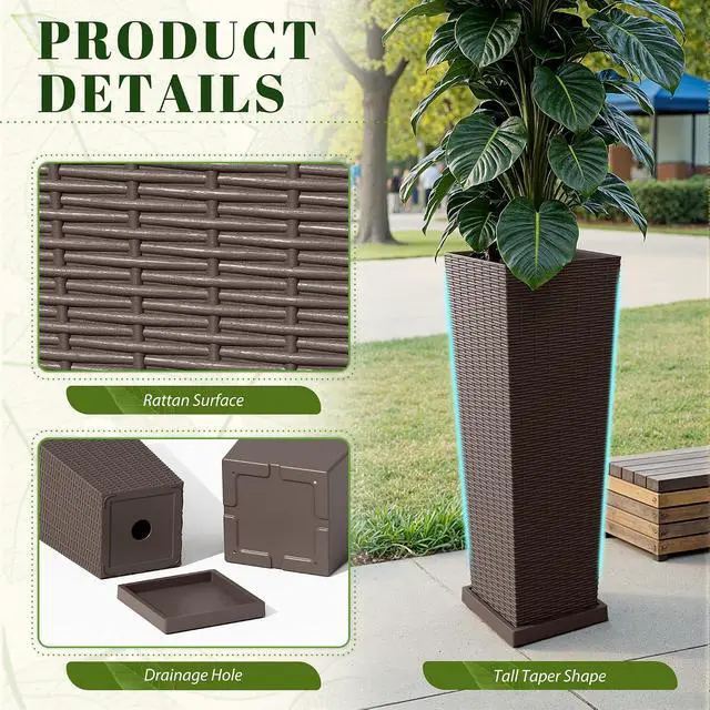 Alt view image 3 of 7 - Set of 2 Resin Rattan Tall Planters for Outdoor Plants, Large Tapered Planters with Drainage Holes,Flower Pots for Garden, Patio, Porch, Backyard (Brown, 32",Inner & Outer Trays)
