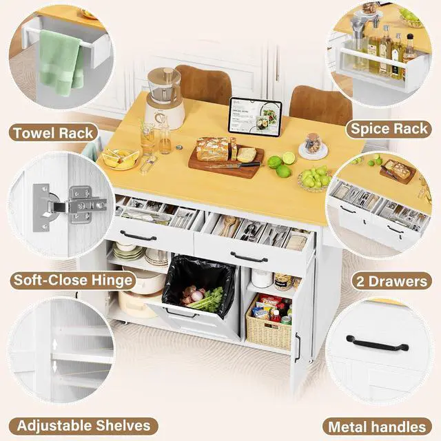 Alt view image 2 of 7 - Rolling Kitchen Island with Drop Leaf, Mobile Cart on Wheels with Hidden Trash Can Cabinet and 2 Drawers, 56 Kitchen Storage Island with Spice Rack & Towel Rack for Dining Room, White