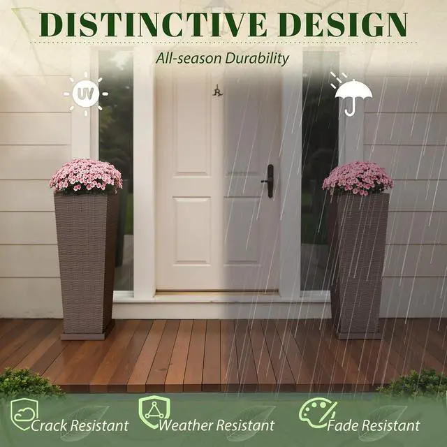 Alt view image 5 of 7 - Set of 2 Resin Rattan Tall Planters for Outdoor Plants, Large Tapered Planters with Drainage Holes,Flower Pots for Garden, Patio, Porch, Backyard (Brown, 32",Inner & Outer Trays)