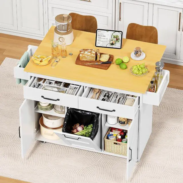 Main image of Rolling Kitchen Island with Drop Leaf, Mobile Cart on Wheels with Hidden Trash Can Cabinet and 2 Drawers, 56 Kitchen Storage Island with Spice Rack & Towel Rack for Dining Room, White