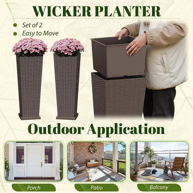 Alt view image 4 of 7 - Set of 2 Resin Rattan Tall Planters for Outdoor Plants, Large Tapered Planters with Drainage Holes,Flower Pots for Garden, Patio, Porch, Backyard (Brown, 32",Inner & Outer Trays)