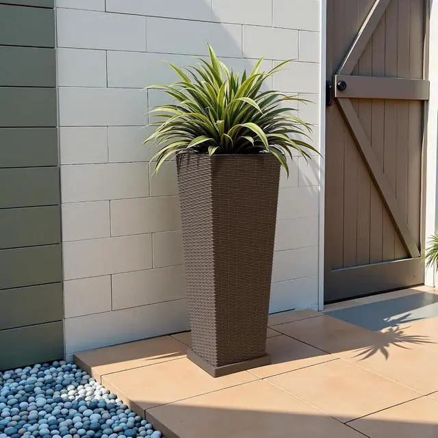 Alt view image 7 of 7 - Set of 2 Resin Rattan Tall Planters for Outdoor Plants, Large Tapered Planters with Drainage Holes,Flower Pots for Garden, Patio, Porch, Backyard (Brown, 32",Inner & Outer Trays)