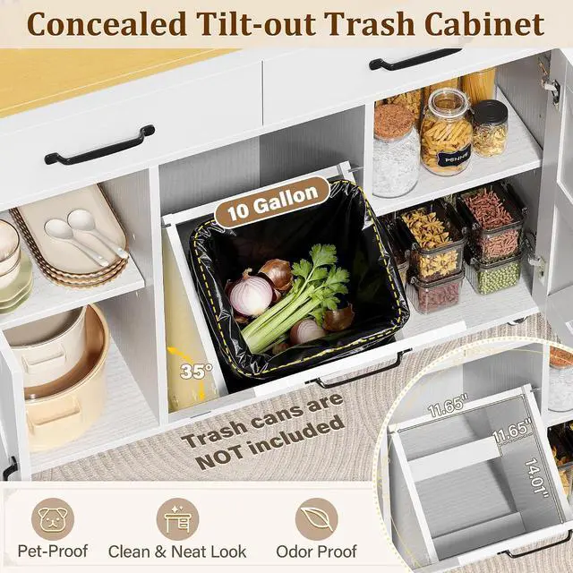 Alt view image 3 of 7 - Rolling Kitchen Island with Drop Leaf, Mobile Cart on Wheels with Hidden Trash Can Cabinet and 2 Drawers, 56 Kitchen Storage Island with Spice Rack & Towel Rack for Dining Room, White