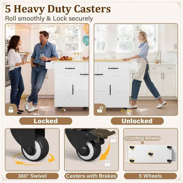 Alt view image 6 of 7 - Rolling Kitchen Island with Drop Leaf, Mobile Cart on Wheels with Hidden Trash Can Cabinet and 2 Drawers, 56 Kitchen Storage Island with Spice Rack & Towel Rack for Dining Room, White