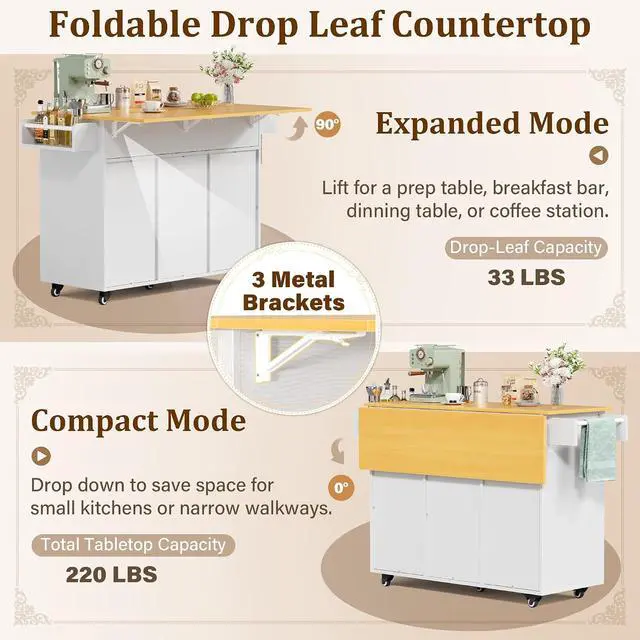 Alt view image 4 of 7 - Rolling Kitchen Island with Drop Leaf, Mobile Cart on Wheels with Hidden Trash Can Cabinet and 2 Drawers, 56 Kitchen Storage Island with Spice Rack & Towel Rack for Dining Room, White