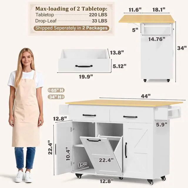 Alt view image 5 of 7 - Rolling Kitchen Island with Drop Leaf, Mobile Cart on Wheels with Hidden Trash Can Cabinet and 2 Drawers, 56 Kitchen Storage Island with Spice Rack & Towel Rack for Dining Room, White