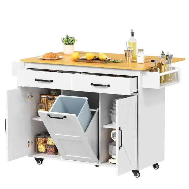 Alt view image 7 of 7 - Rolling Kitchen Island with Drop Leaf, Mobile Cart on Wheels with Hidden Trash Can Cabinet and 2 Drawers, 56 Kitchen Storage Island with Spice Rack & Towel Rack for Dining Room, White