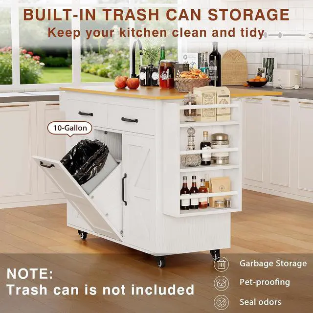 Alt view image 3 of 7 - Kitchen Island with Trash Can Storage, Mobile Kitchen Cart on Wheels with Drop Leaf and 2 Drawers, 56 Rolling Storage Cart with Spice Rack & Towel Rack for Dining Room, White