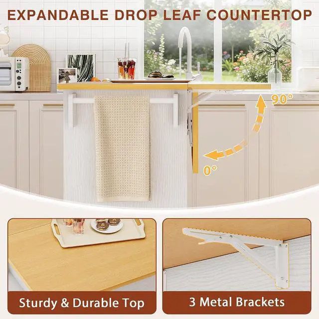 Alt view image 2 of 7 - Kitchen Island with Trash Can Storage, Mobile Kitchen Cart on Wheels with Drop Leaf and 2 Drawers, 56 Rolling Storage Cart with Spice Rack & Towel Rack for Dining Room, White