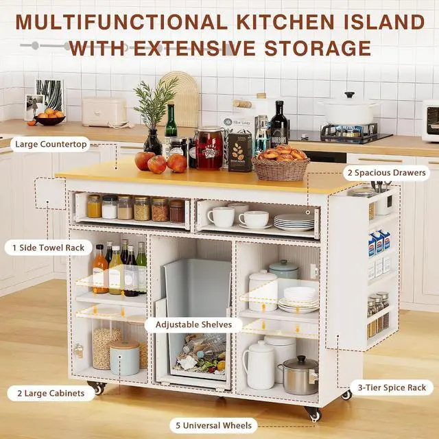 Alt view image 5 of 7 - Kitchen Island with Trash Can Storage, Mobile Kitchen Cart on Wheels with Drop Leaf and 2 Drawers, 56 Rolling Storage Cart with Spice Rack & Towel Rack for Dining Room, White
