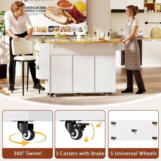 Alt view image 6 of 7 - Kitchen Island with Trash Can Storage, Mobile Kitchen Cart on Wheels with Drop Leaf and 2 Drawers, 56 Rolling Storage Cart with Spice Rack & Towel Rack for Dining Room, White