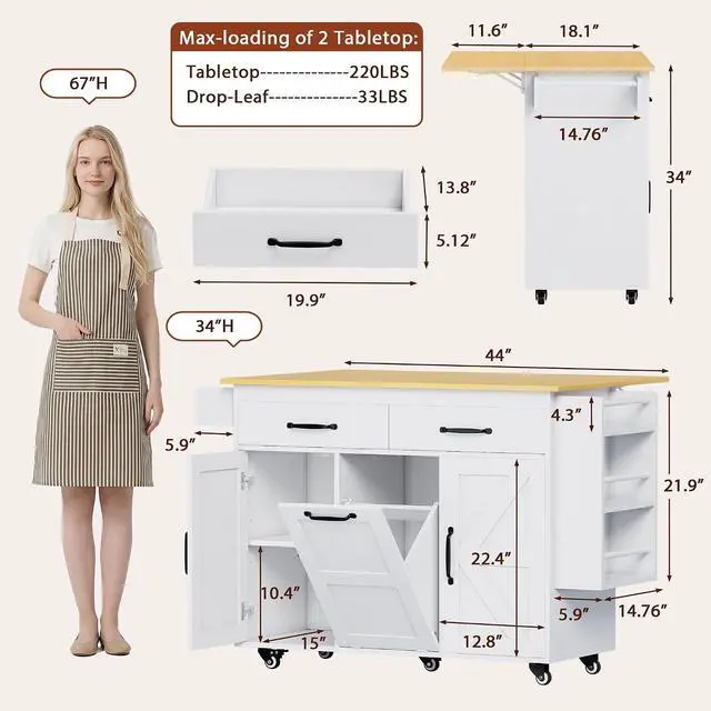 Alt view image 7 of 7 - Kitchen Island with Trash Can Storage, Mobile Kitchen Cart on Wheels with Drop Leaf and 2 Drawers, 56 Rolling Storage Cart with Spice Rack & Towel Rack for Dining Room, White