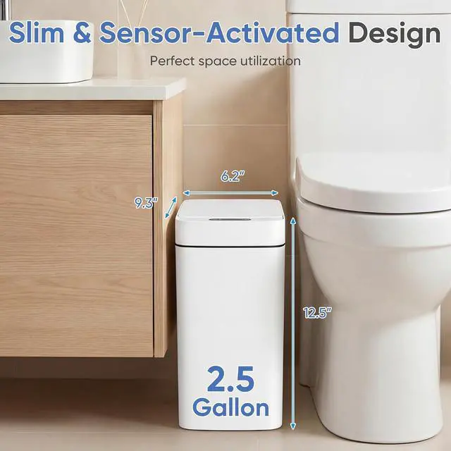 Alt view image 3 of 7 - Bathroom Trash Can with Lid 2.5 Gallon, Motion Sensor Trash Can 2 Pack, Slim Automatic Garbage Can, Touchless Smart Wastebaskets Waterproof for Bathroom, Kitchen, Office (2, White)