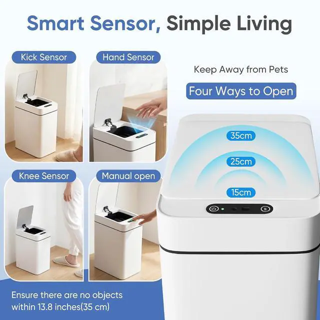 Alt view image 4 of 7 - Bathroom Trash Can with Lid 2.5 Gallon, Motion Sensor Trash Can 2 Pack, Slim Automatic Garbage Can, Touchless Smart Wastebaskets Waterproof for Bathroom, Kitchen, Office (2, White)
