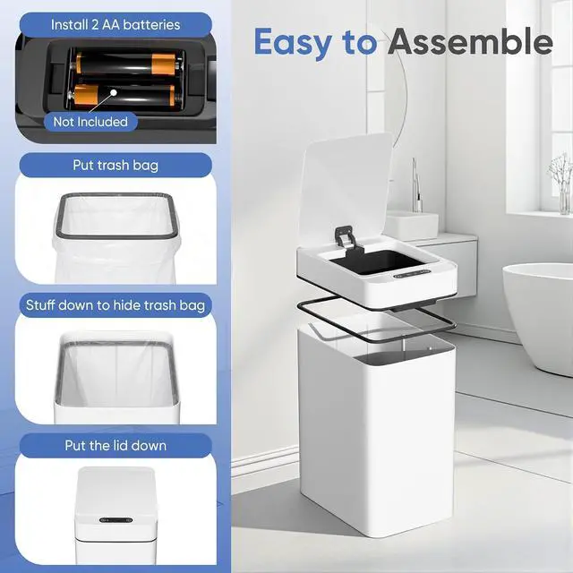Alt view image 5 of 7 - Bathroom Trash Can with Lid 2.5 Gallon, Motion Sensor Trash Can 2 Pack, Slim Automatic Garbage Can, Touchless Smart Wastebaskets Waterproof for Bathroom, Kitchen, Office (2, White)