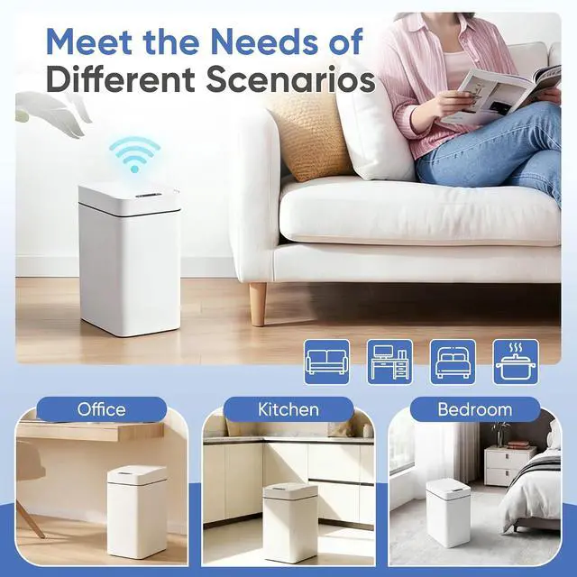 Alt view image 6 of 7 - Bathroom Trash Can with Lid 2.5 Gallon, Motion Sensor Trash Can 2 Pack, Slim Automatic Garbage Can, Touchless Smart Wastebaskets Waterproof for Bathroom, Kitchen, Office (2, White)