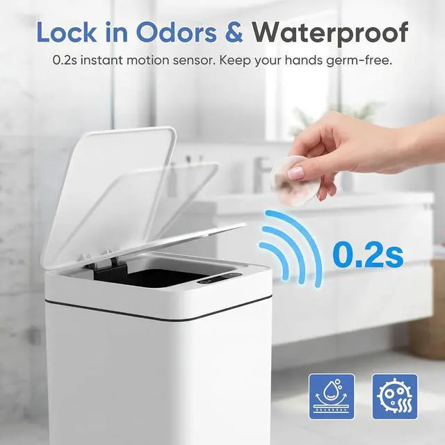 Alt view image 7 of 7 - Bathroom Trash Can with Lid 2.5 Gallon, Motion Sensor Trash Can 2 Pack, Slim Automatic Garbage Can, Touchless Smart Wastebaskets Waterproof for Bathroom, Kitchen, Office (2, White)
