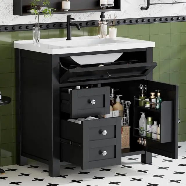 Alt view image 3 of 7 - 30'' Bathroom Vanity with Single Sink Combo, Freestanding Modern Bathroom Sink Cabinet, 2 Drawers & 1 Flip-Down Drawer1 Door with Side Storage (Pure Black)