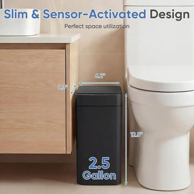 Alt view image 3 of 7 - Bathroom Trash Can with Lid 2.5 Gallon, Motion Sensor Trash Can 2 Pack, Slim Automatic Garbage Can, Touchless Smart Wastebaskets Waterproof for Bathroom, Kitchen, Office (2, Black)