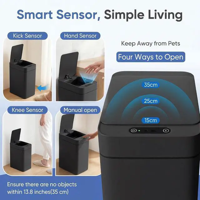 Alt view image 4 of 7 - Bathroom Trash Can with Lid 2.5 Gallon, Motion Sensor Trash Can 2 Pack, Slim Automatic Garbage Can, Touchless Smart Wastebaskets Waterproof for Bathroom, Kitchen, Office (2, Black)