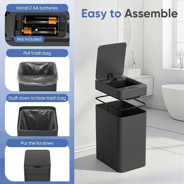 Alt view image 5 of 7 - Bathroom Trash Can with Lid 2.5 Gallon, Motion Sensor Trash Can 2 Pack, Slim Automatic Garbage Can, Touchless Smart Wastebaskets Waterproof for Bathroom, Kitchen, Office (2, Black)