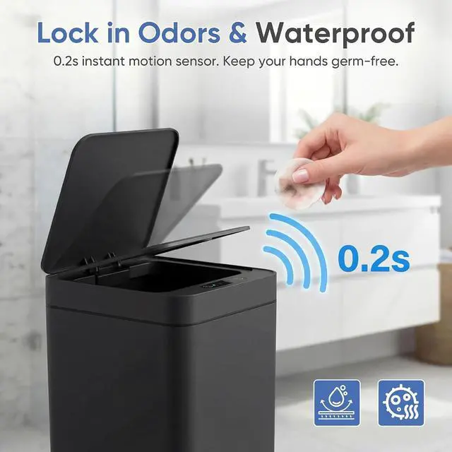 Alt view image 7 of 7 - Bathroom Trash Can with Lid 2.5 Gallon, Motion Sensor Trash Can 2 Pack, Slim Automatic Garbage Can, Touchless Smart Wastebaskets Waterproof for Bathroom, Kitchen, Office (2, Black)
