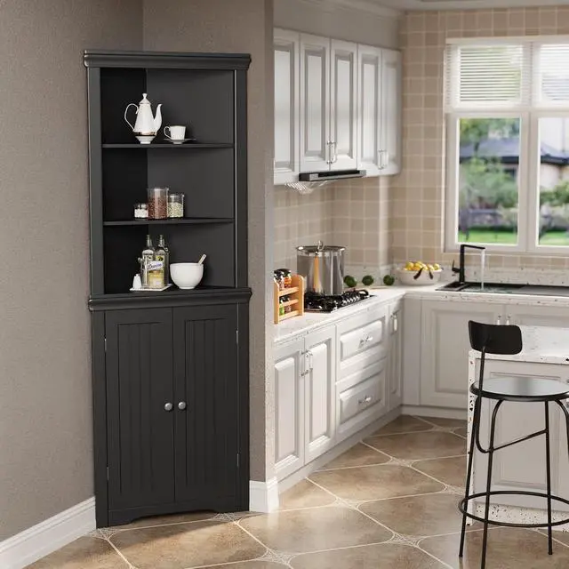 Alt view image 2 of 7 - Corner Cabinet Corner Bathroom Cabinet with 2 Doors and 3 Tier Shelves Free Standing Corner Storage Cabinet for Bathroom, Living Room, Bedroom or Kitchen (Black)