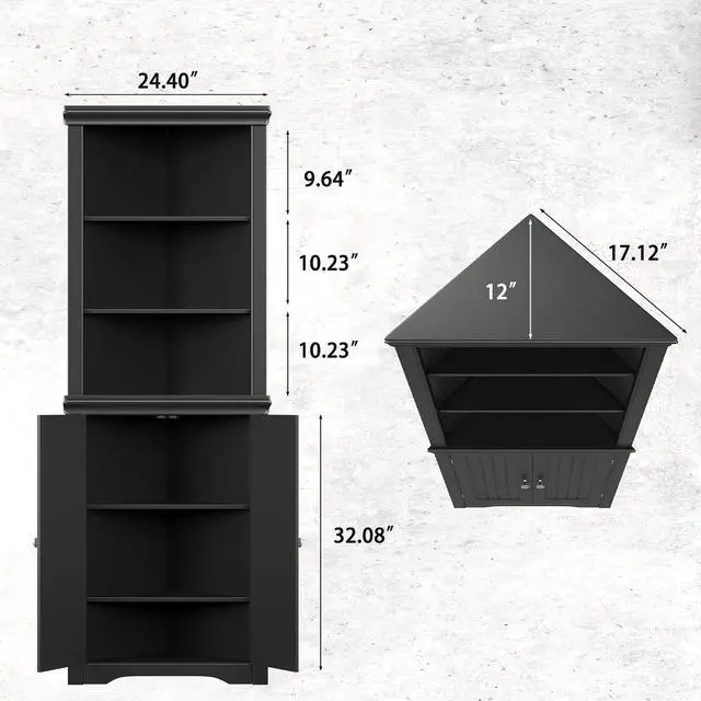Alt view image 3 of 7 - Corner Cabinet Corner Bathroom Cabinet with 2 Doors and 3 Tier Shelves Free Standing Corner Storage Cabinet for Bathroom, Living Room, Bedroom or Kitchen (Black)
