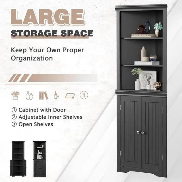 Alt view image 4 of 7 - Corner Cabinet Corner Bathroom Cabinet with 2 Doors and 3 Tier Shelves Free Standing Corner Storage Cabinet for Bathroom, Living Room, Bedroom or Kitchen (Black)