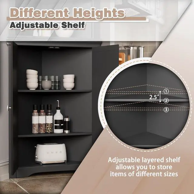 Alt view image 6 of 7 - Corner Cabinet Corner Bathroom Cabinet with 2 Doors and 3 Tier Shelves Free Standing Corner Storage Cabinet for Bathroom, Living Room, Bedroom or Kitchen (Black)