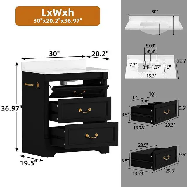 Alt view image 2 of 7 - 30 Inch Bathroom Vanity with Sink, Small Bathroom Vanity Cabinet with Ceramic Basin, Marble-Look Countertop, Tilt-Out Drawer, Storage Drawers, Freestanding Bathroom Cabinet (Black)