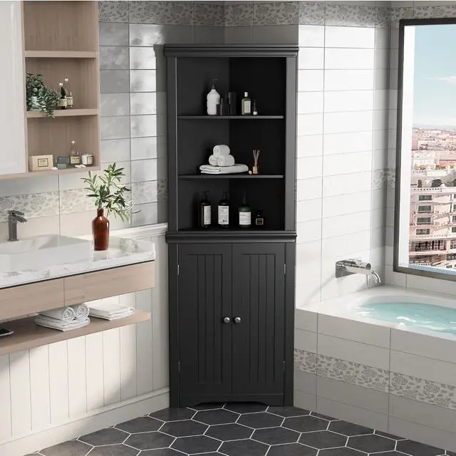 Alt view image 7 of 7 - Corner Cabinet Corner Bathroom Cabinet with 2 Doors and 3 Tier Shelves Free Standing Corner Storage Cabinet for Bathroom, Living Room, Bedroom or Kitchen (Black)